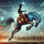 Cowboy riding bucking bronco in corral with technology symbols 和 imagery in background.